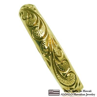 ハワイアンジュエリー リング 指輪 結婚指輪 オーダーメイド お手軽な1.25mm厚 幅4mm 14k グリーンゴールド バレルリングの画像