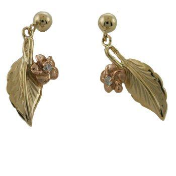ハワイアンジュエリー ピアス 14K ゴールド ティーリーフ ２トーン プルメリア ダイヤモンド ピアス ハワイ製の画像