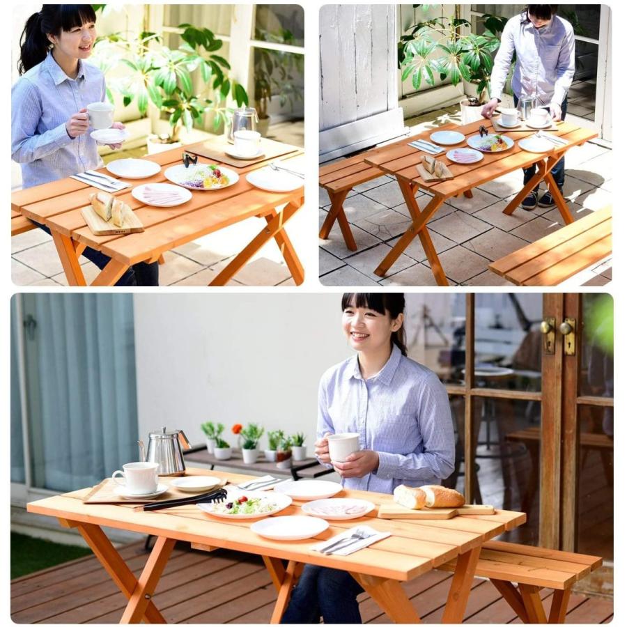 山善 ピクニックガーデンテーブル&amp;ベンチ 3点セット (天然木杉材/パラソルホール付き) PTS1205S HG56WOGEDP