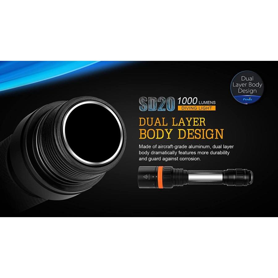 FENIX(フェニックス) SD20 XM-L2 LED ダイビングライト 明るさ最高1000ルーメン SD20 XM L2 SD20 サイズ 208mm U2 及びCree XQE Red 18650リチウムイオン充電池 2個 或は CR123Aリチウム電池 4個 付属しておりません