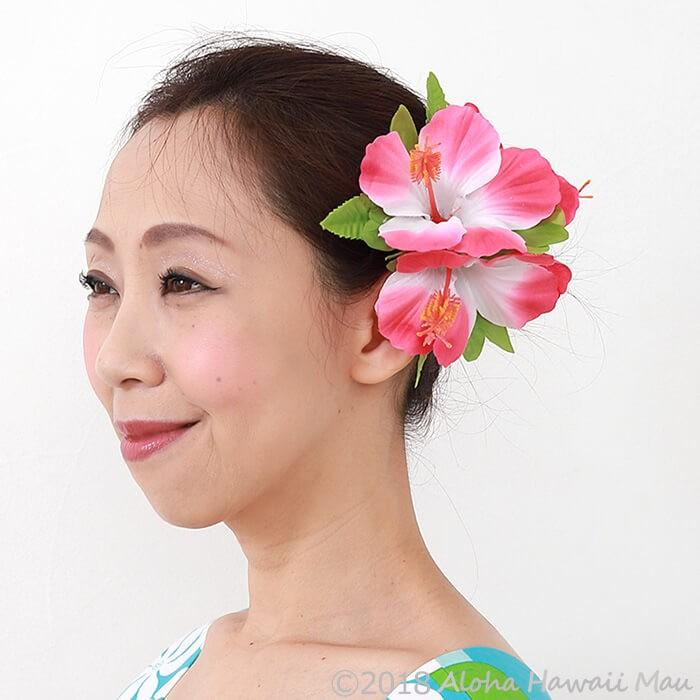 フラダンス 髪飾り ハイビスカス ピンクホワイト ヘアクリップ ピンク