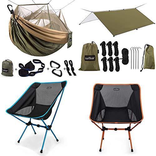 Sunyear Double Camping Hammock with Mosquito/Bug Net & Sunyear Hammock Rain Fly Tent Tarp & 2 Sunyear Lightweight Compact Folding Camping Ba