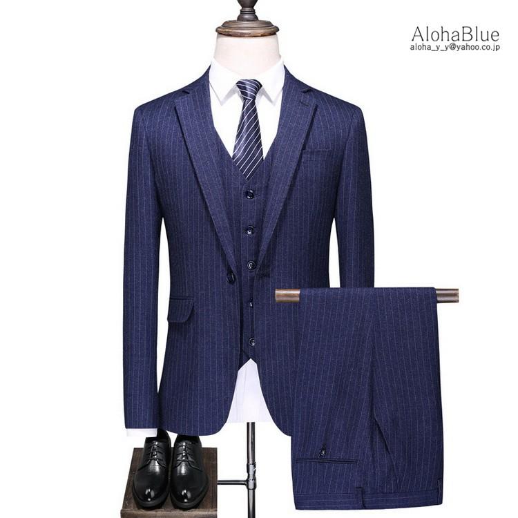 3ピーススーツ メンズ ビジネススーツ 結婚式 スリーピース スリーピー 1つボタン ネイビー ストライプ 細身 スーツ セットアップ 秋夏 C Alohablue 通販 Yahoo ショッピング