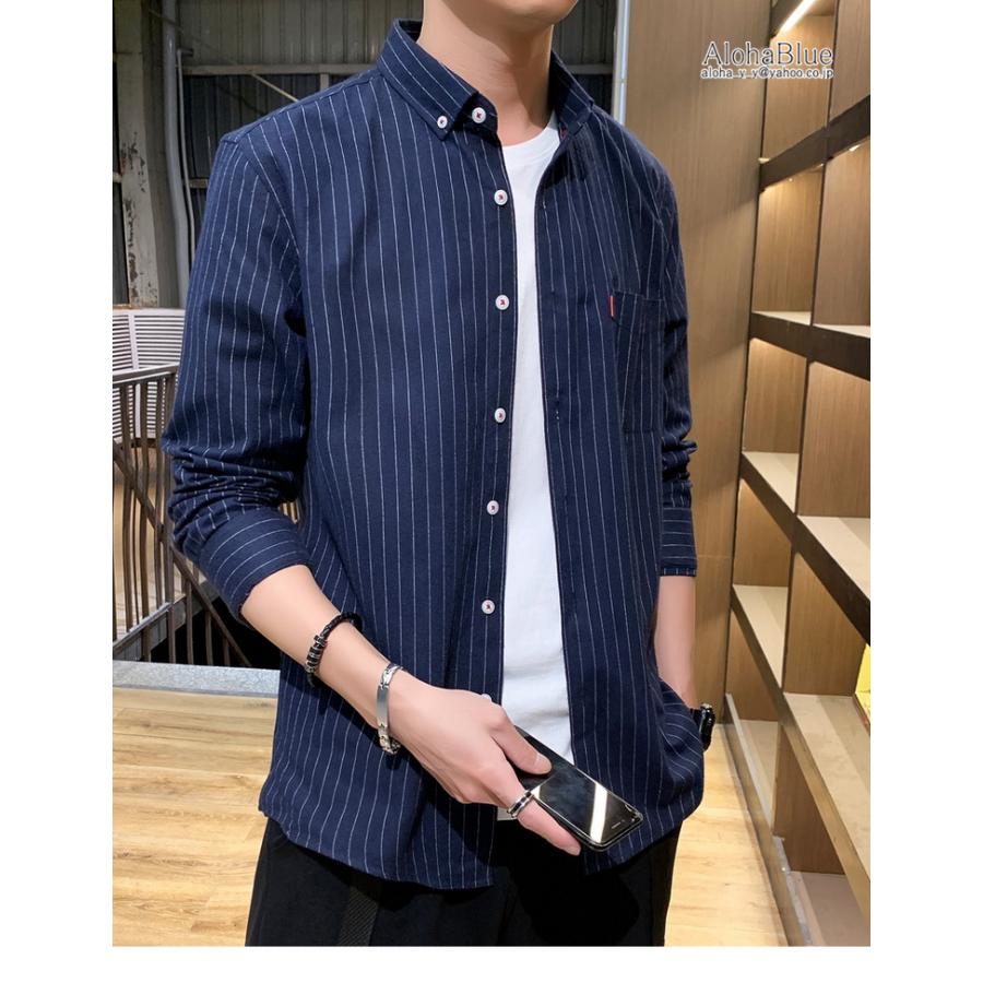 カジュアルシャツ メンズ ストライプ柄 ボタンダウンシャツ トップス 長袖 シャツ 細身 ファッション 10代 20代 30代 春物 秋冬