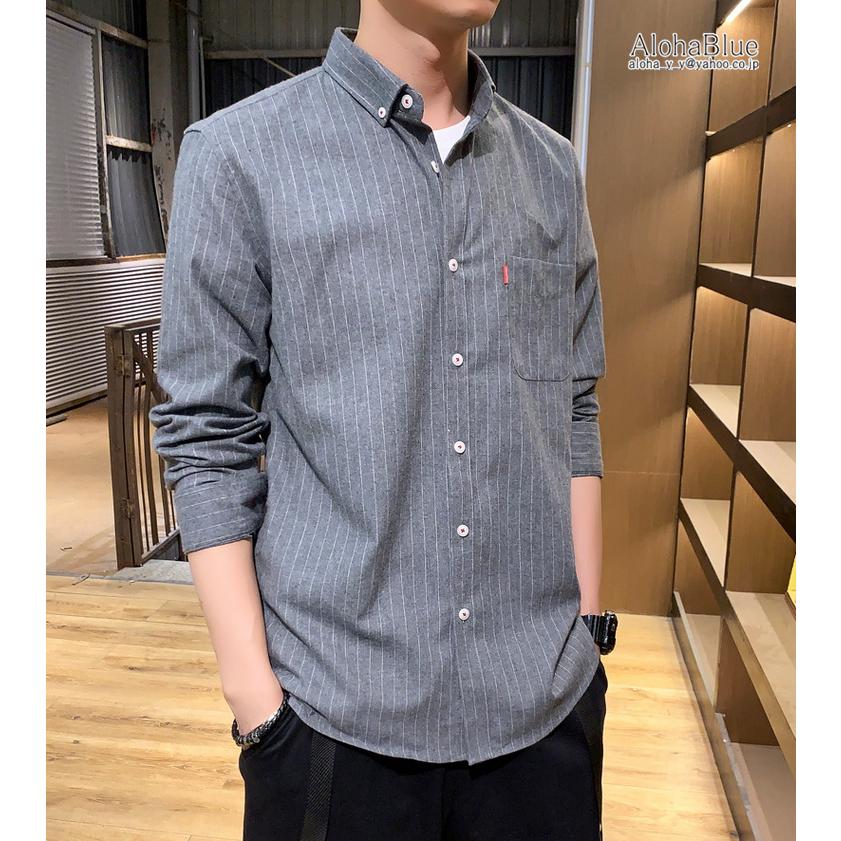カジュアルシャツ メンズ ストライプ柄 ボタンダウンシャツ トップス 長袖 シャツ 細身 ファッション 10代 20代 30代 春物 秋冬