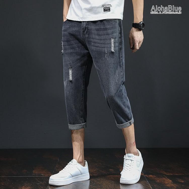 ジーンズ クロップドパンツ きれいめパンツ ジーパン デニムパンツ ボトムス メンズ 七分丈 ダメージデニム ウォッシュ 夏 D Alohablue 通販 Yahoo ショッピング