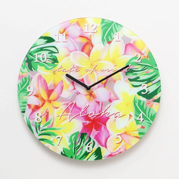 ハワイ 壁掛け時計 掛け時計 ハワイアン 新作通販 インテリア 雑貨 花 植物 Flower 南国 リゾート プルメリア ガラス モンステラ 丸型