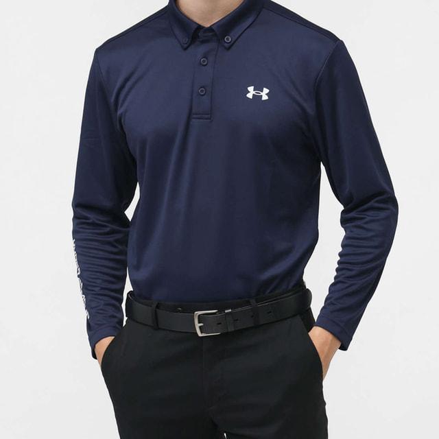 極美品 UNDERARMOUR アンダーアーマー 長袖ポロシャツ ネイビー L UNDER ARMOUR（アンダーアーマー） ゴルフウェア 長袖シャツ 秋 冬 UA