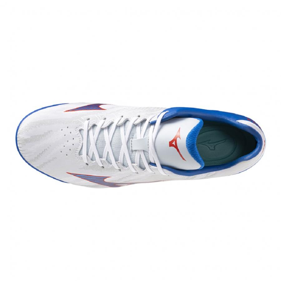 ミズノ限定　ベルト式アップシューズ　白×青×橙　右投げ用P革付き27.0cm MIZUNO（ミズノ） 【P革加工可能】 WAVE LIGHTREVO ウエーブライトレボ
