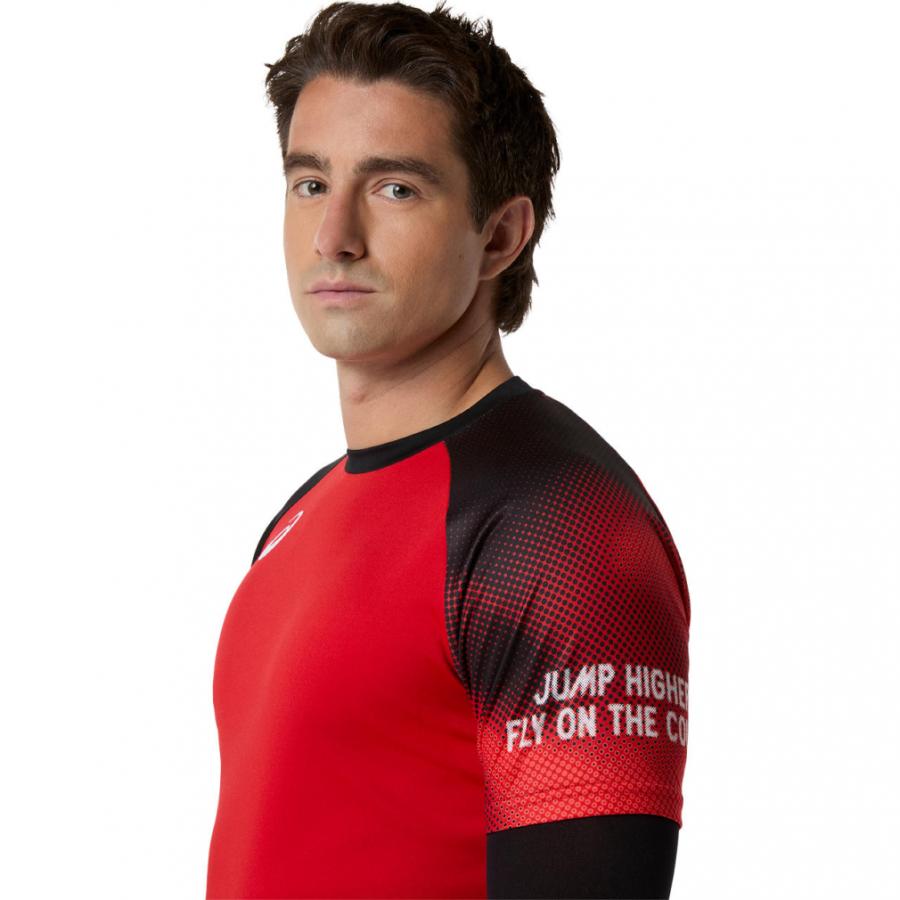 バレーボール用半袖シャツ 黒/赤 ASICS（アシックス） メンズ レディス バレーボール 半袖Tシャツ