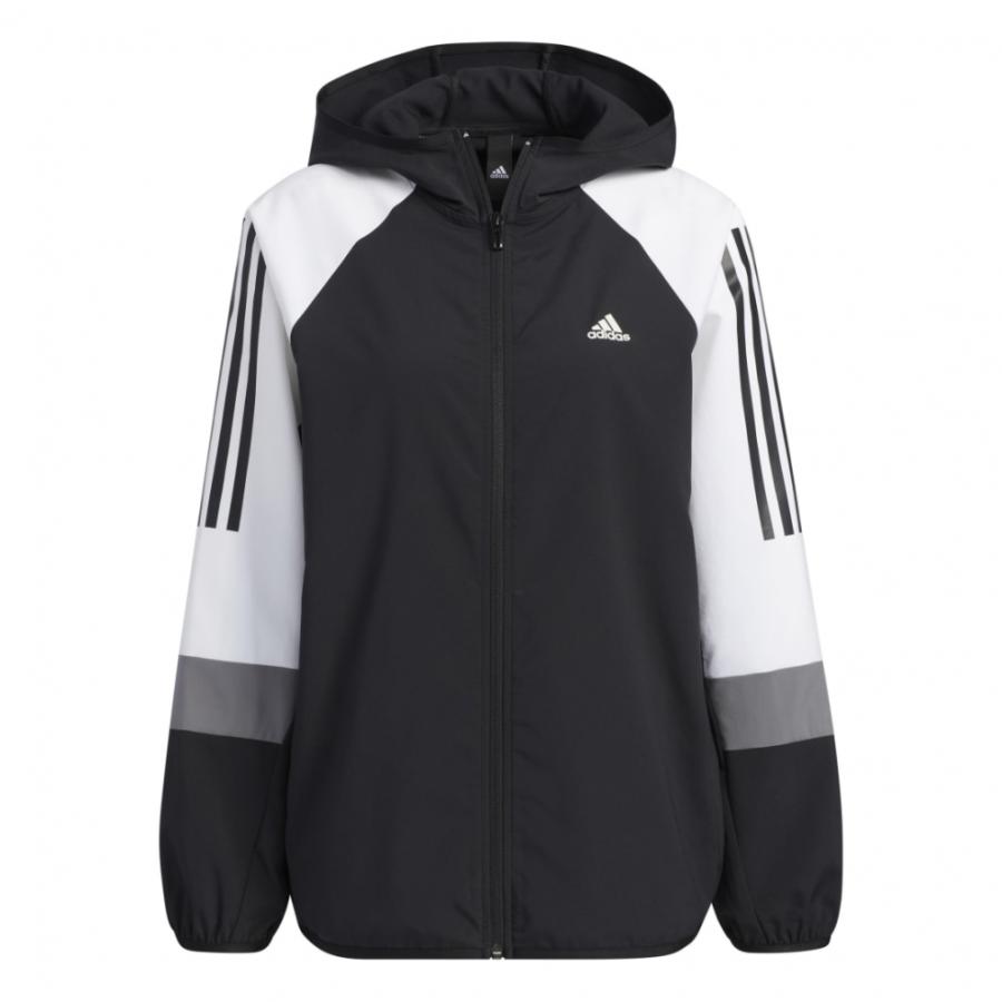 adidas ストレッチクロスジャケット　ホワイト フード付き　黒パイピング adidas（アディダス） レディース クロスジャケット ルーズフィット