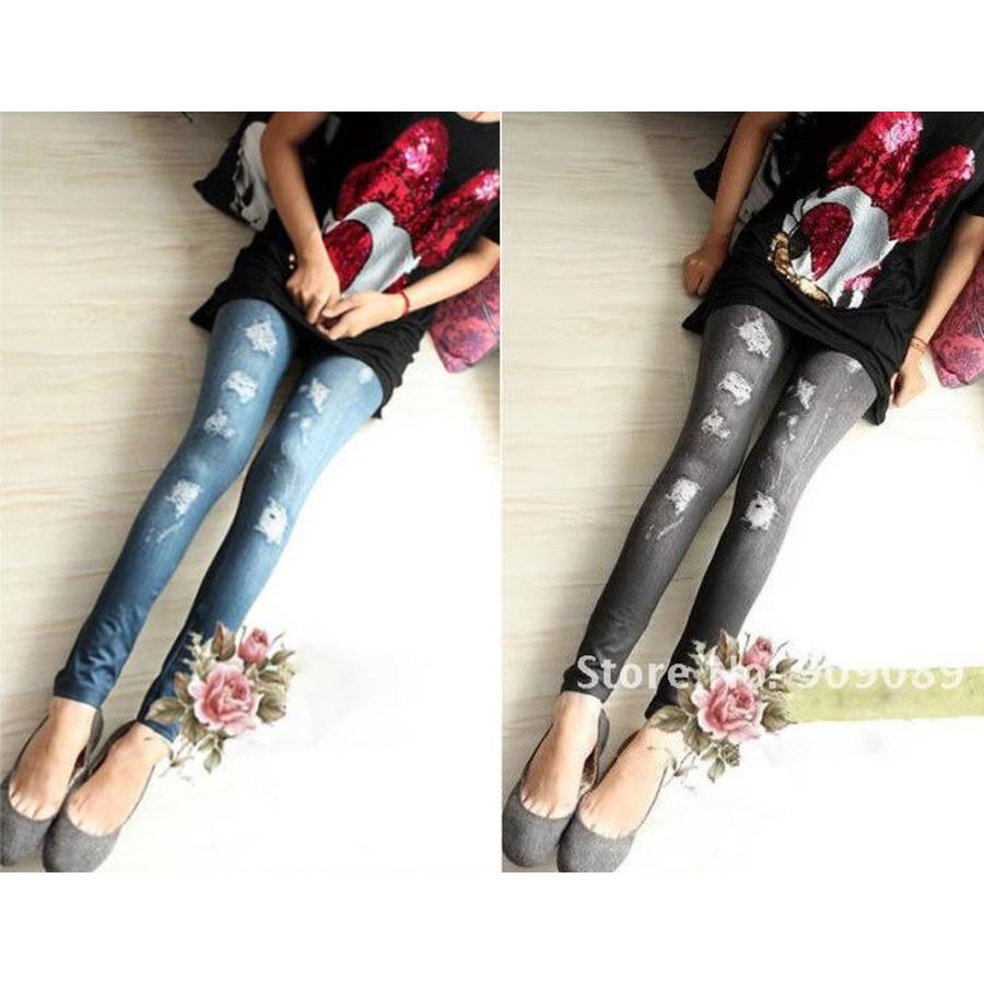 新品　希少　DESTROY ALL MONSTERS　デニム 転写 レギンス 全2色 ダメージ デニム風 レギンス / 破れジーンズ 伸縮ストレッチ