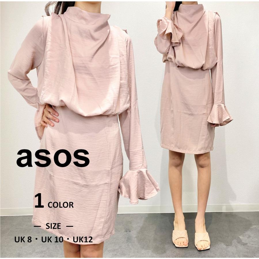 ASOS エイソス レディース ドレス ワンピース フルートスリーブ カウルネック ドレープ ミニ丈 無地 長袖 | asos