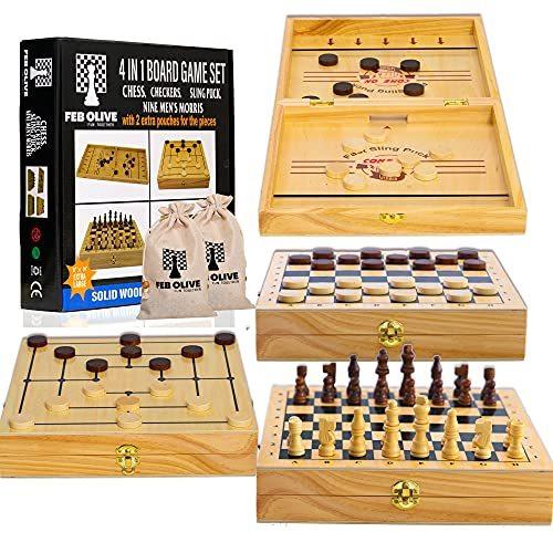 売れ筋 4 In 1 Board Game Set Extra Large Wooden Chess Board Sets With Sling Puck 即発送可能 Rs2 Co Uk