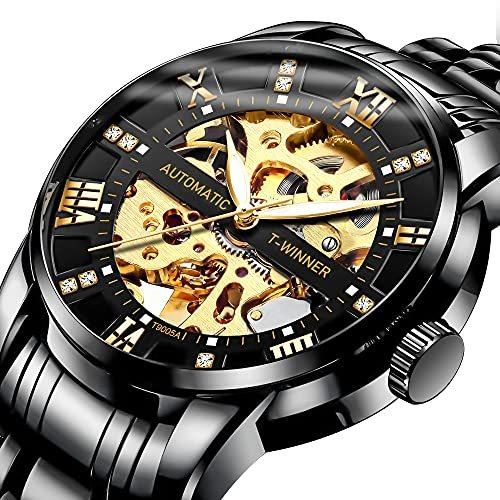 Mens Watch Black Mechanical Stainless Steel Skeleton Waterproof Automatic