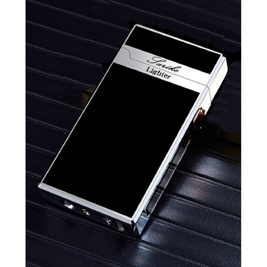 プラズマライター 黒銀色 銀部分ストレート柄 電子ライター プラズマ着火 USB 充電式 ブラックシルバー メタル製 海外ブランド 高級 ライター　r25 | 