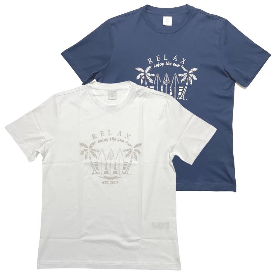 eleventy イレブンティ メンズ Ｔシャツ / RELAX est.2007 プリントＴシャツ ホワイト ネイビー / イタリア 半袖 丸首 クルーネック 40代 50代 | eleventy