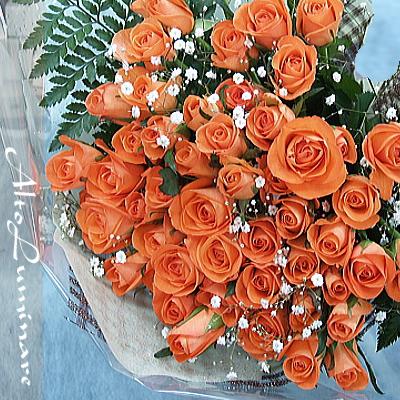 オレンジのバラ50本の花束
