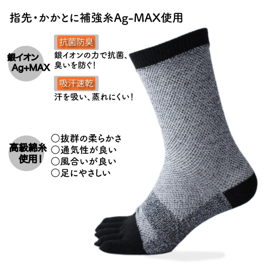 靴下 メンズ 5本指 銀イオン 抗菌消臭 つま先かかとにAG-Max使用 レギュラー丈 メッシュ 軍足 3色組 作業にぴったり 24.5〜27cm AG990｜aluck｜02