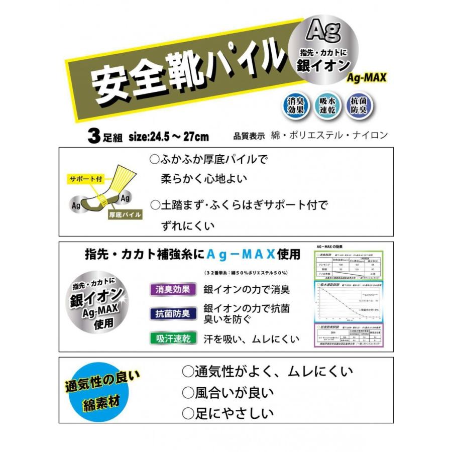 消臭効果抗菌銀イオン糸使用 安全靴対応靴下 グレー3足組メンズソックス24.5〜27ｃｍ 厚底パイル指先カカト補強糸 軍足 GP734｜aluck｜05