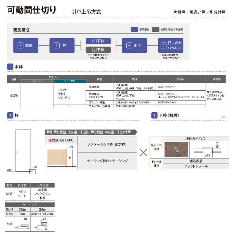 オーダーサイズ　リクシル　ラシッサＳ　上吊方式　引違い戸4枚建　可動間仕切り　ケーシング付枠　W2149〜3949mm×Ｈ1750〜2425mm　ASMHF-LAD