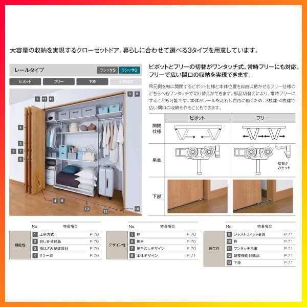 クローゼット扉 ドア 6枚 折れ戸 ラシッサS レールタイプ LAD 把手無 ノンケーシング枠 2420/2620/27M20 収納 押入れ 折戸 リフォーム DIY｜alumidiyshop｜04