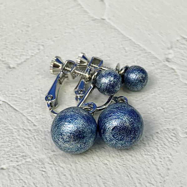 送料無料!! 本藍染コットンパール イヤリング 2粒 ぶら下がりタイプ