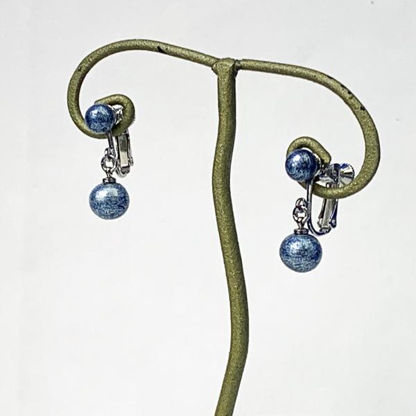 送料無料!! 本藍染コットンパール イヤリング 2粒 ぶら下がりタイプ