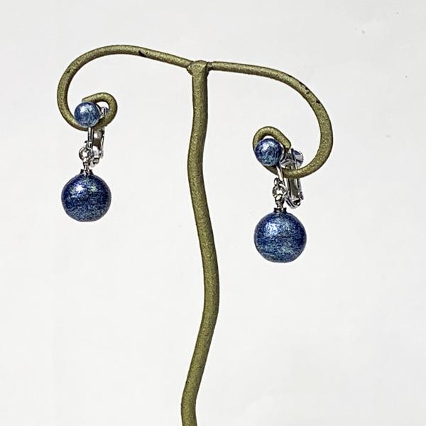 送料無料!! 本藍染コットンパール イヤリング 2粒 ぶら下がりタイプ