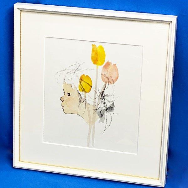 いわさきちひろ チューリップのある少女像 色紙 額付き 複製画