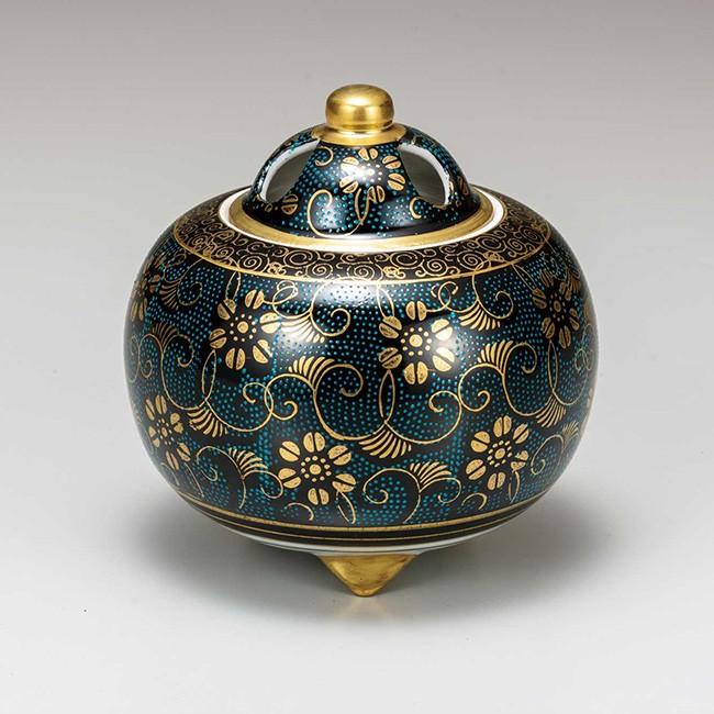 九谷焼 4号香炉 青粒鉄仙 日本製 ギフト 陶磁器