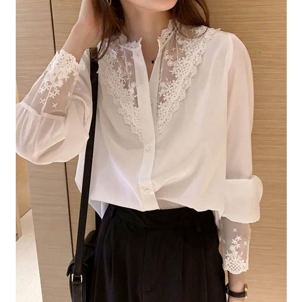 シャツブラウス シフォンブラウス レース切り替え 黒 白 長袖
