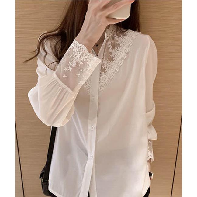 シャツブラウス シフォンブラウス レース切り替え 黒 白 長袖
