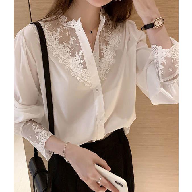 シャツブラウス シフォンブラウス レース切り替え 黒 白 長袖