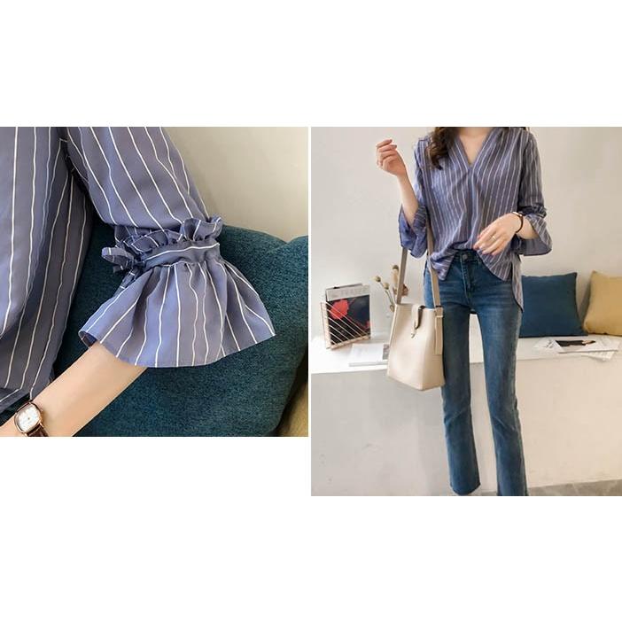 ブラウス レディース 春秋 トップス きれいめ 薄手 フレア袖 ストライプ ブラウス フレア Vネック おしゃれ カジュアル 韓国風 新作 ゆったり 2色 シャツブラウス ストライプ柄 ラッパ袖 フレア マリン風 Vネック