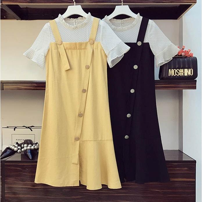 ワンピース レイヤード風 Aラインワンピース シフォンワンピース ドット柄 フリル サロペット風ワンピース 475 Amanecer 通販 Yahoo ショッピング