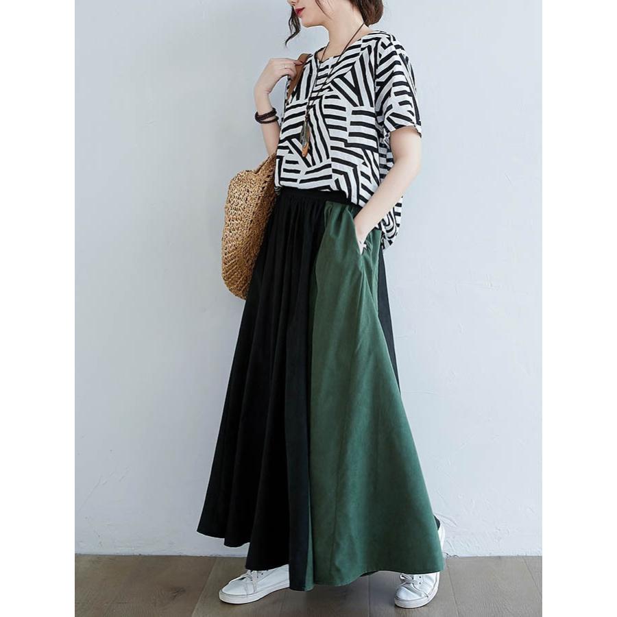 スカート 大人 フレア ロングフレアスカート バイカラー 無地