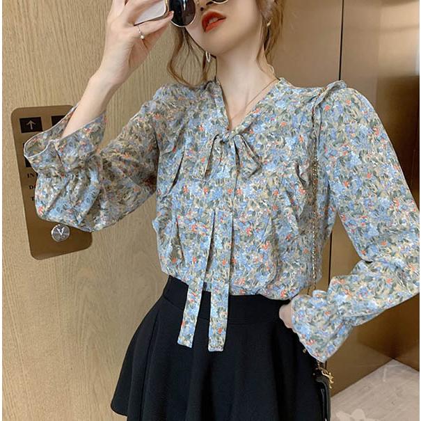 シフォンブラウス 花柄ブラウス ボタニカル柄 縦フリル ボウタイ シフォンブラウス 花柄ブラウス ボタニカル柄 縦フリル ボウタイ