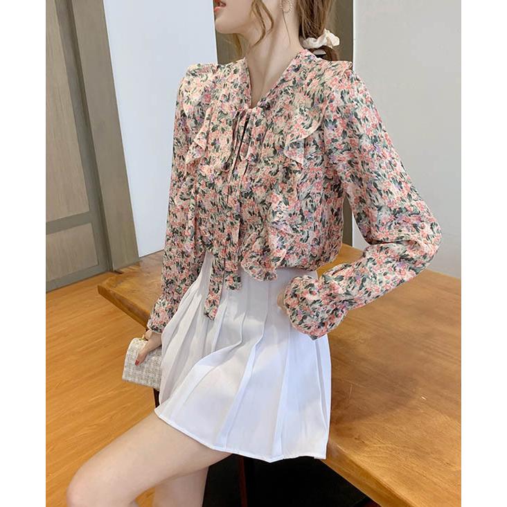 シフォンブラウス 花柄ブラウス ボタニカル柄 縦フリル ボウタイ シフォンブラウス 花柄ブラウス ボタニカル柄 縦フリル ボウタイ