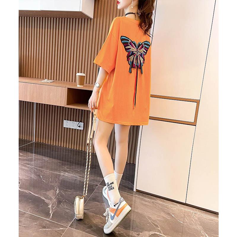 Tシャツ 五分袖 ゆったり レディース トップス プルオーバートップス ラウンド襟 ビッグシルエット 超人気 専門店 刺繍