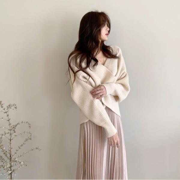 Vネックニット セーター レディース カシュクール フロント