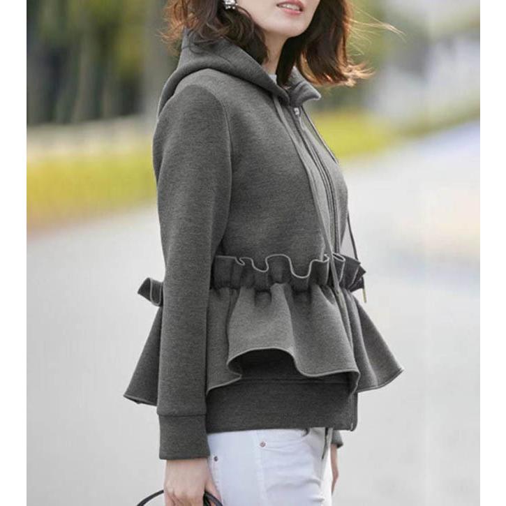 フード付きジャンパー　フリル パーカー フレア フード付き ファスナー スウェットパーカー フリル