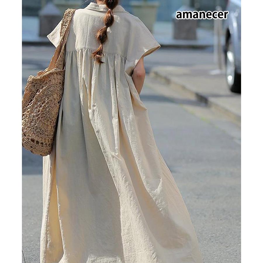 ワンピース ロング シャツワンピース ゆったり マキシ丈 襟付き ボタン