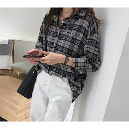 シャツブラウス グレンチェック ブラウス 微起毛 ポケット ボーイ