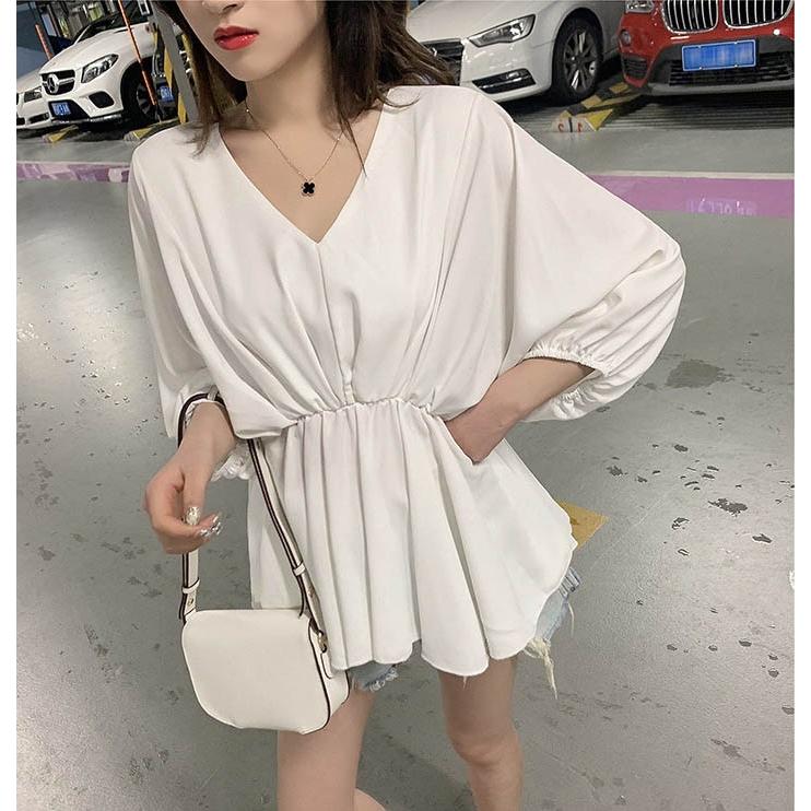 Vネック シフォンブラウス シフォンチュニック ペプラムトップス