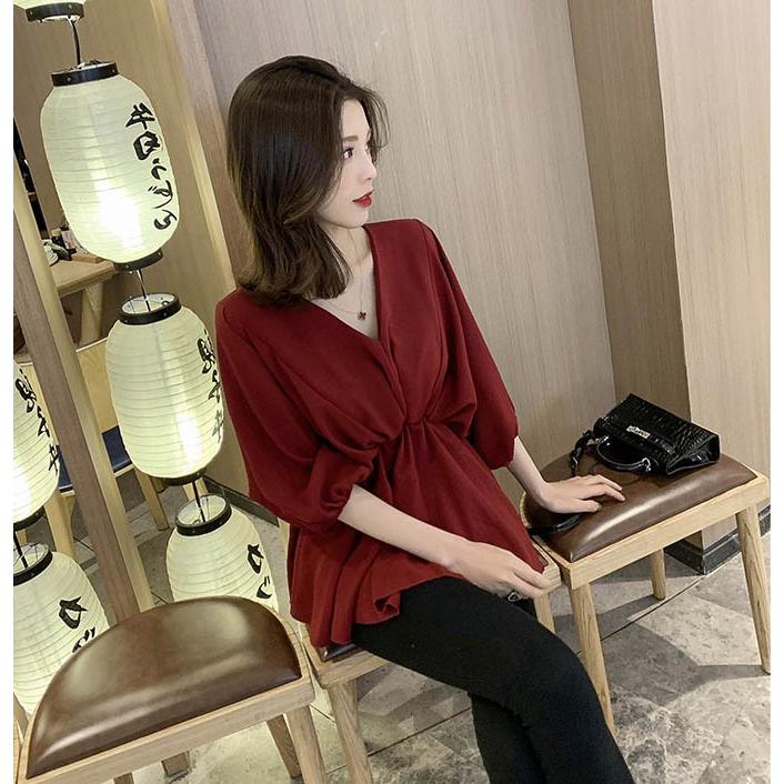 Vネック シフォンブラウス シフォンチュニック ペプラムトップス