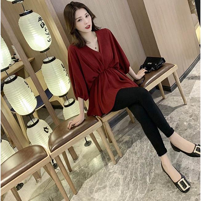 Vネック シフォンブラウス シフォンチュニック ペプラムトップス