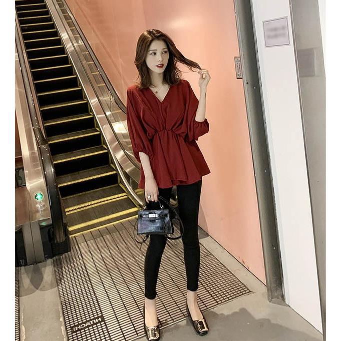 Vネック シフォンブラウス シフォンチュニック ペプラムトップス