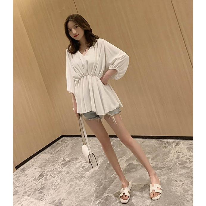 Vネック シフォンブラウス シフォンチュニック ペプラムトップス