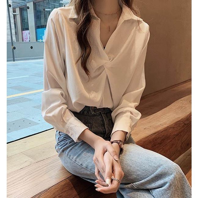 シャツブラウス フロントクロス シャツ ブラウス 襟付き Vネック プル